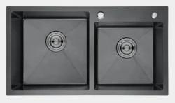 Мойка кухонная Aflorn Premium, две чаши, 78х43 см, врезная, нержавеющая сталь, прямоугольная, цвет: графит, с отверстием под смеситель, слив-перелив, без крыла