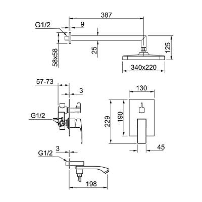 Душевая система Raglo R01.27 встраиваемая, цвет хром, комплект: однорычажный смеситель/излив/тропический душ прямоугольный (с верхней лейкой)/лейка/шланг, скрытый монтаж