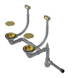 Двойной сифон Omoikiri WK-2C-LG, для двухчашевых кухонных моек, прямоугольный перелив, цвет: светлое золото, с переливом, гидрозатвор/мокрый затвор