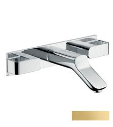 Смеситель для раковины Axor Urquiola, на 3 отверстия, двухвентильный, настенный/встраиваемый, скрытого монтажа, фиксированный излив, длина излива 16,8 см, керамический, латунь, цвет полированное золото, незапираемый сливной набор