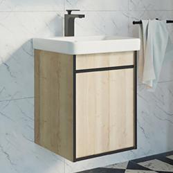 Тумба с раковиной Comforty Вена 45, 45х62х45 см, подвесная, 1 распашная дверца, ЛДСП, прямоугольная, цвет- дуб дымчатый/раковина Адриана 45, прямоугольная, цвет белый, встраиваемая