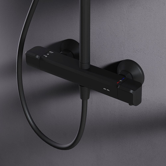 Душевая система AM.PM Func, высота 1030-1460 мм, цвет черный матовый, комплект: термостатический смеситель/тропический душ (с верхней лейкой)/стойка/лейка/шланг, латунь/нержавеющая сталь/пластик