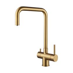 Смеситель для кухни/мойки Paulmark Wetter, с подключением к фильтру/биканальный, однорычажный, поворотный, керамический картридж, высокий, длина излива 220 мм, нержавеющая сталь, цвет брашированное золото