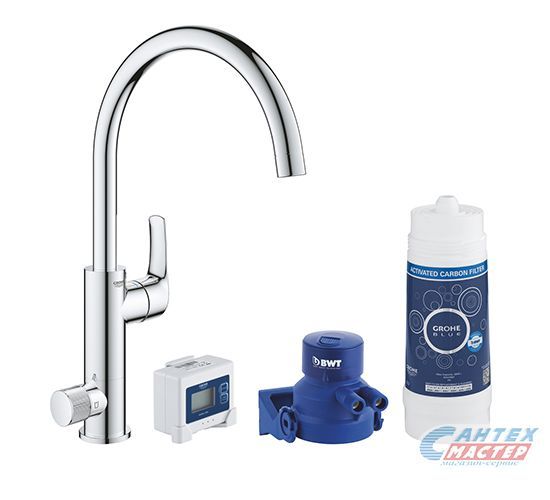 Смеситель для кухни/мойки Grohe Blue Pure Eurosmart однорычажный, керамический, с поворотным изливом, длина 223 мм, с функцией фильтрации, латунь, цвет хром, кухонный, хромированный, вертикальный, однорукий, одноручный, однозахватный, одноручковые