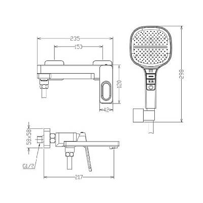 Смеситель для ванны/душа Raglo R51.30 однорычажный, керамический, настенный, излив фиксированный 217 мм, с гибким шлангом, душем/лейкой, латунь, цвет хром