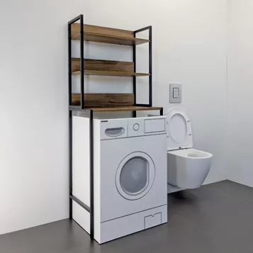 Стеллаж Comforty для установки над стиральной машиной, цвет дуб темно-коричневый/черный матовый, напольный, открытые полки, в ванную комнату, сталь/ЛДСП