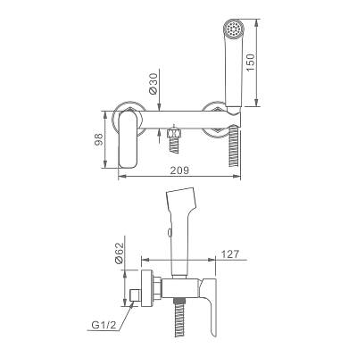 Смеситель с гигиеническим душем Raglo R03.51, настенный, однорычажный, керамический, без излива, с гибким шлангом/лейкой, латунь, цвет хром