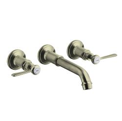 Смеситель для раковины Axor Montreux, на 3 отверстия, двухвентильный, с рычаговыми рукоятками, скрытого монтажа, настенный, фиксированный излив, длина излива 16,5-22,5 см, керамический, латунь, цвет под сталь, незапираемый сливной набор