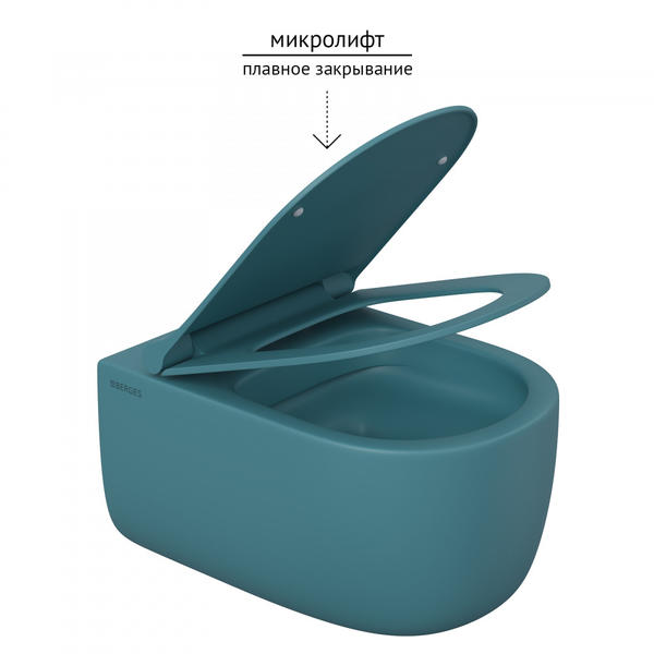 Унитаз подвесной Berges Ego XL, темно-синий матовый, горизонтальный (в стену) выпуск, с сиденьем микролифт, дюропласт, безободковый, под скрытый бачок