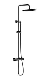 Душевая система Knotlor Eclipse с термостатом, высота 1200 мм, цвет матовый черный, комплект: смеситель/тропический душ (с верхней лейкой)/лейка/стойка/шланг, нержавеющая сталь