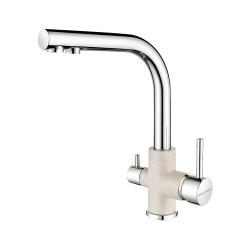Смеситель для кухни/мойки Paulmark Essen, с подключением к фильтру/биканальный, однорычажный, поворотный излив, керамический картридж, высокий, длина излива 197 мм, латунь, цвет бежевый/хром