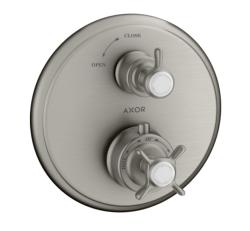 Смеситель для душа Axor Montreux Ecostat E, с запорным вентилем, термостатический, с крестообразной рукояткой, скрытого/настенного монтажа, без излива/шланга/лейки, круглый, латунный, цвет под сталь, с термостатом