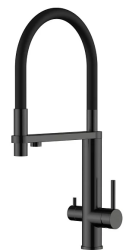 Смеситель для кухни/мойки Knotlor Infinity, с подключением к фильтру, однорычажный, поворотный, керамический, R-излив, гибкий, длина 237 мм, матовый черный/черный, нержавеющая сталь
