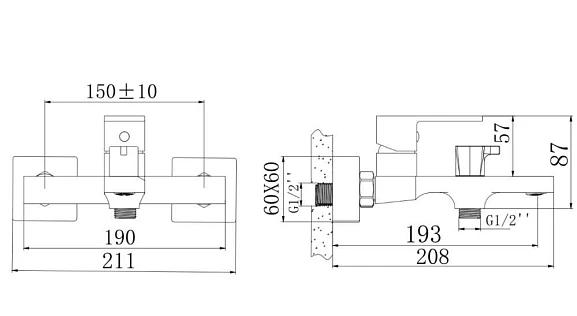 Смеситель для ванны/душа Knotlor Stable, однорычажный, настенный, керамический, неповоротный, длина излива 193 мм, латунь, цвет матовый черный