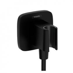 Шланговое подсоединение Hansgrohe HG FixFit Q размер 9х9 см, цвет черный матовый, квадратное, держатель душевой лейки, встроенный обратный клапан с подключением для душевого шланга, декоративная накладка, резьбовое соединение, настенное