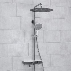 Душевая система WasserKRAFT Aller, высота 800-1250 мм, цвет хром/белый, комплект: термостатический смеситель/излив/тропический душ (с верхней лейкой)/стойка/лейка/шланг, наружного монтажа