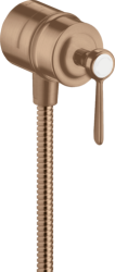 Шланговое подсоединение Axor Montreux Fixfit Stop, размер 6х6 см, цвет шлифованное красное золото, круглое, латунное, с клапаном обратного тока, с запорным вентилем, с рычаговой рукояткой, подключение для душевого шланга