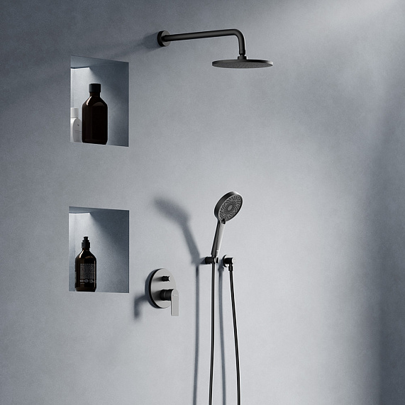 Душевая система Damixa Apollo встраиваемая, цвет черный матовый, комплект: смеситель/тропический душ круглый (с верхней лейкой)/лейка/шланг, латунь/ABS-пластик/ПВХ, скрытого монтажа 