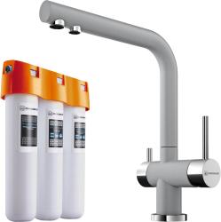 Комплект: смеситель для кухни Omoikiri Nagano-GR + фильтр Pure drop Lite для очистки воды трехступенчатый, смеситель однорычажный, поворотный, керамический, длина излива 206 мм, латунь, цвет Leningrad Grey