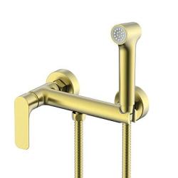 Смеситель с гигиеническим душем Raglo R03.51.03, настенный, однорычажный, керамический, без излива, с гибким шлангом/лейкой, латунь, цвет сатин золотой