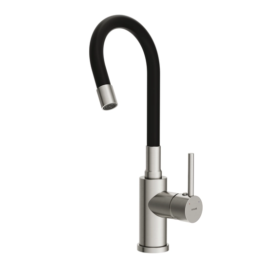 Смеситель для кухни/мойки Cersanit Melar однорычажный, поворотный/гибкий излив, керамический, высота 237 мм, длина 220 мм, нержавеющая сталь/силикон, цвет сатин/черный