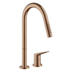 Смеситель для кухни/мойки Axor Citterio M 220, однорычажный, на 2 отверстия, керамический, с поворотным/вытяжным изливом, длина 22,1 см, латунь, цвет шлифованное красное золото, кухонный