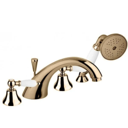 Смеситель для ванны/душа Cezares First на борт ванны, двухвентильный, неповоротный, длина 200 мм, керамический, латунь, цвет бронза, цвет ручек белый