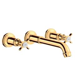 Смеситель для раковины Axor Montreux, на 3 отверстия, двухвентильный, с крестообразными рукоятками, скрытого монтажа, настенный, фиксированный излив, длина излива 16,5-22,5 см, керамический, латунь, цвет полированное золото, незапираемый сливной набо