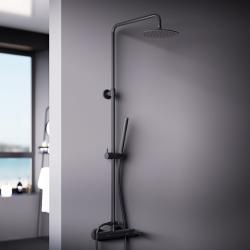 Душевая система Damixa Scandinavian Pure, высота 1050-1450 мм, цвет черный матовый, комплект: смеситель/тропический душ круглый (с верхней лейкой)/стойка/лейка/шланг, латунь/пластик