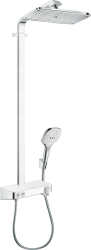 Душевая система Hansgrohe Raindance E Showerpipe 360 1jet, высота 110 см, цвет хром/белый, комплект: верхний душ/ручной душ/термостат для душа/штанга для душа/держатель для душа, наружного монтажа, настенная, латунная/стеклянная, с термостатом