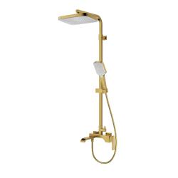 Душевая система Raglo R02.24.03 со смесителем, высота 1082-1650 мм цвет сатин золотой, комплект: однорычажный смеситель/излив/тропический душ прямоугольный (с верхней лейкой)/лейка/стойка/шланг, нержавеющая сталь/латунь
