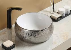 Раковина для ванной CeramaLux NC C1062 40х15,5х40 накладная, круглая, керамическая/фарфоровая, цвет белый/серебро, без отверстия под смеситель, без слива-перелива