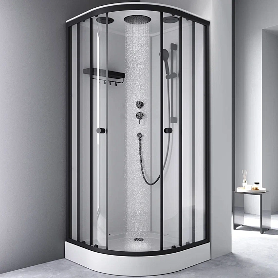Душевая кабина AM.PM X-Joy 90x90 см поддон низкий, четверть круга/угловая, стекло прозрачное 4 мм, заднее белое, с верхним душем, профиль черный, без гидромассажа, с крышей