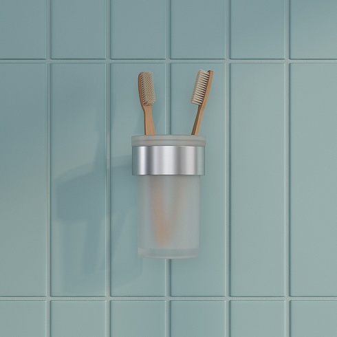 Стакан с держателем IDDIS Petite настенный, нержавеющая сталь/стекло, округлый, для душа/ванны/зубных щеток, в ванную комнату, цвет хром матовый PETSSSGi45