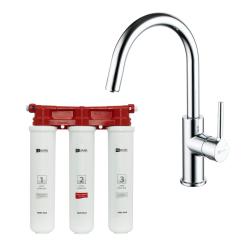 Комплект: смеситель для кухни Comfort + фильтр BASIC для очистки воды от хлора и вредных примесей, однорычажный, поворотный, керамический, длина излива 181 мм, латунь, цвет хром