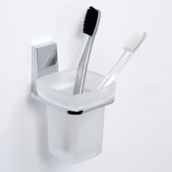 Стакан WasserKRAFT Lopau с держателем, настенный, материал: металл/стекло, форма квадратная, для зубных щеток в ванную/туалет/душевую кабину, цвет хром