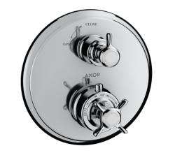 Смеситель для душа Axor Montreux Ecostat E, с запорным вентилем, термостатический, с крестообразной рукояткой, скрытого/настенного монтажа, без излива/шланга/лейки, круглый, латунный, цвет хром, с термостатом