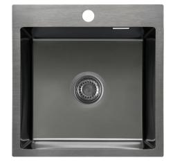 Мойка Ukinox Практика, 50х50 см, врезная, квадратная, цвет черная сталь, с отверстием под смеситель, перелив, без крыла, с выпуском, нержавеющая сталь