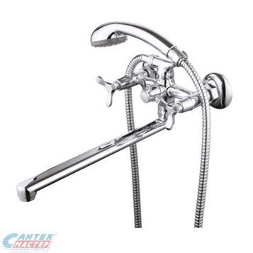 Смеситель для ванны/душа Zenta Пиено двухвентильный, керамический, настенный, излив поворотный 300 мм, с гибким шлангом, душем/лейкой, латунь хром, длинный, универсальный, горизонтальный, вентильный, кран, комплект, сантехника, размер, характеристики