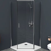 Душевой уголок BelBagno Uno-195, 90х90 см, без поддона, пятиугольный, угловой, стекло прозрачное, (без сифона) без крыши, распашной, стеклянный, алюминиевый профиль (хром)