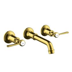 Смеситель для раковины Axor Montreux, на 3 отверстия, двухвентильный, с рычаговыми рукоятками, скрытого монтажа, настенный, фиксированный излив, длина излива 16,5-22,5 см, керамический, латунь, цвет полированное золото, незапираемый сливной набор