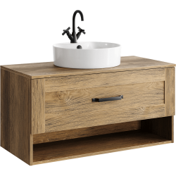 Тумба с раковиной Aqwella Craft 100, 1000х610х480 мм, подвесная, 1 выдвижной ящик/открытая полка, ЛДСП, прямоугольная, цвет: дуб балтийский/раковина Best Shelf 43, круглая, цвет белый, керамика, отверстие под смеситель, слив-перелив, умывальник