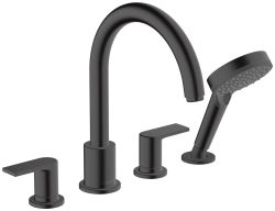 Смеситель для ванны Hansgrohe Vernis Shape на борт ванны двухвентильный, неповоротный, латунный, длина излива 21,1 см, керамический, цвет матовый черный, с душевым шлангом/лейкой, на 4 отверстия