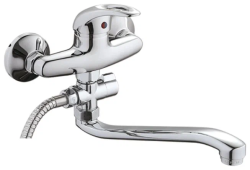 Смеситель для ванны/душа Ledeme H02-В однорычажный, керамический, настенный, излив поворотный 273 мм, с гибким шлангом, душем/лейкой, латунь, цвет хром, длинный, универсальный, горизонтальный, рычажный, кран, комплект, сантехника, размер