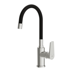Смеситель для кухни/мойки Cersanit Moduo однорычажный, поворотный/гибкий излив, керамический, высота 237 мм, длина 220 мм, нержавеющая сталь/силикон, цвет хром/черный