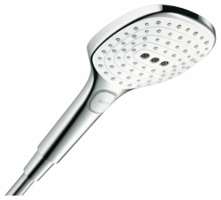 Лейка душевая Hansgrohe Raindance Select E 120, настенная, квадратная, с 3 режимами, регулируемая, хромированная/пластмассовая, цвет хром/белый, ручная, для душа/ванной