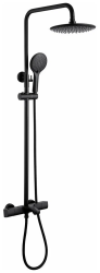Душевая система ABBER Thermostat наружного монтажа, высота 1150 мм, цвет черный матовый, комплект: смеситель термостатический/излив/тропический душ (с верхней лейкой)/стойка/лейка/шланг, латунь