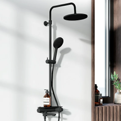 Душевая система Damixa Jupiter, высота 1050-1450 мм, цвет черный матовый, комплект: термостатический смеситель-полка/излив/тропический душ круглый (с верхней лейкой)/стойка/лейка/шланг, латунь/пластик