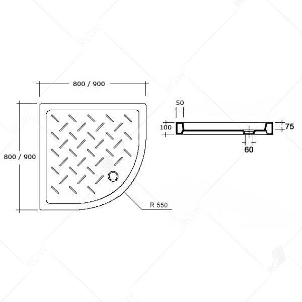 Душевой поддон RGW CER CR/R, 80х80х10 см, четверть круга, керамический, низкий, цвет: белый, с антискользящим покрытием, с бортиком, литой, литьевой, для душа
