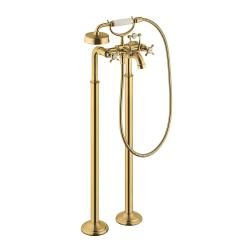 Смеситель для ванны Axor Montreux напольный, двухвентильный, с крестообразными рукоятками, неповоротный, латунный, длина излива 23,4 см, керамический, цвет шлифованное золото, с душевым шлангом/держателем/лейкой